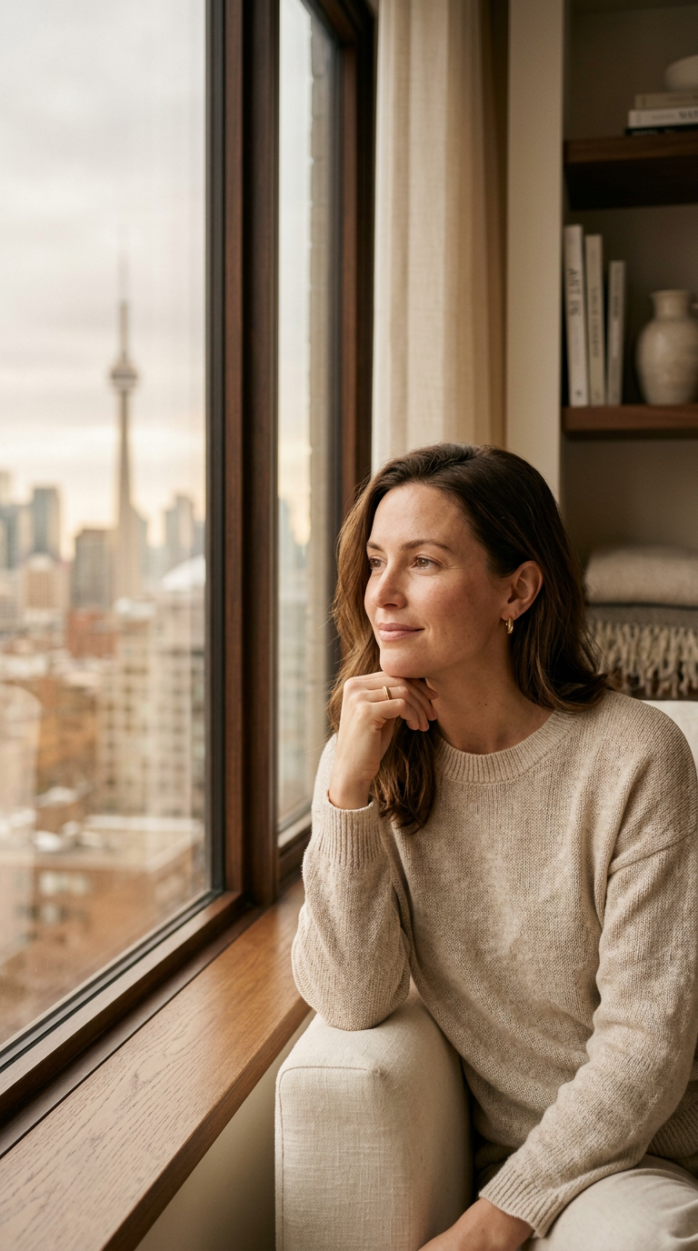 A woman resting by a sunlit window in a Toronto home