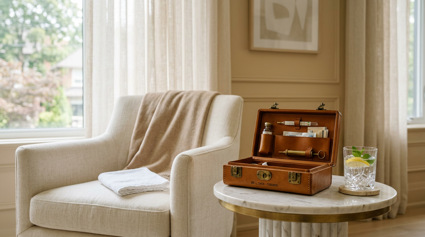 A medical case set up on a side table in a bright living room